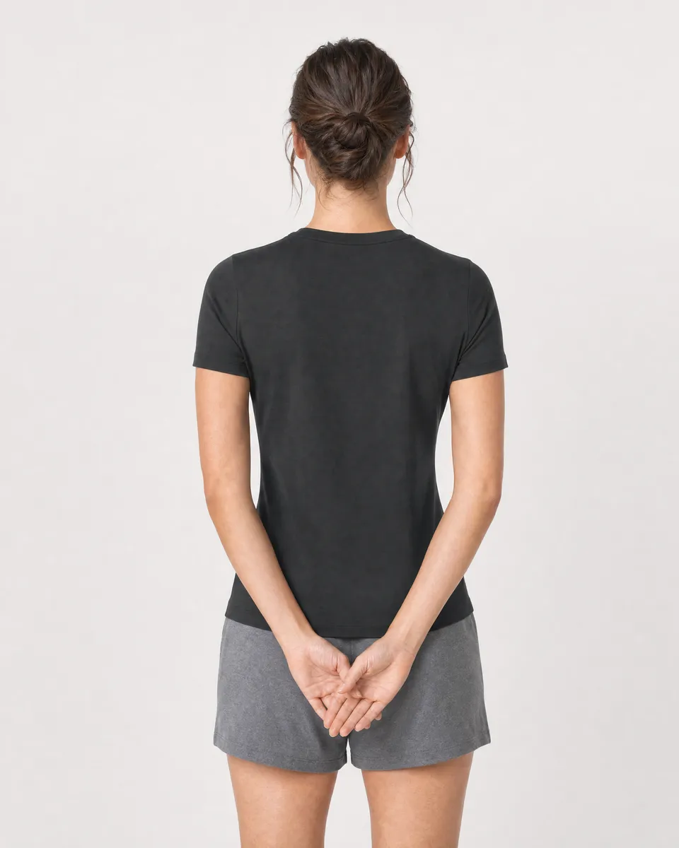 StringKing Women's Pima Jersey Tee - Sharp Fit, Black, Full Back - Human Model - Top of head to Mid-thigh