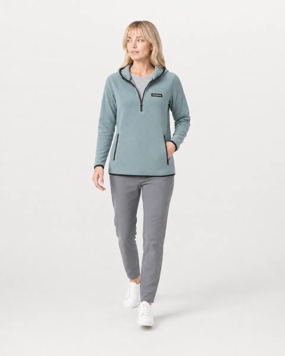 StringKing Women's Polartec Fleece Quarter Zip Hoodie with Pockets - Sharp Fit, Slate, Collar Shoulder - Human Model