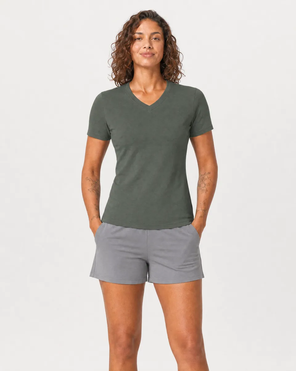 StringKing Women's Pima Terry V-Neck Tee - Sharp Fit, Moss, Full Front - Human Model - Top of head to Knees