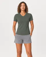 StringKing Women's Pima Terry V-Neck Tee - Sharp Fit, Moss, Full Front - Human Model - Top of head to Knees