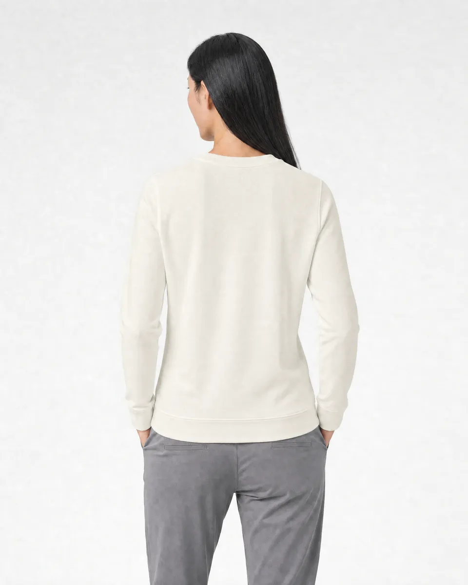 StringKing Women's Pima Terry Crew Sweater - Sharp Fit, Tofu, Full Back - Human Model - Top of head to Mid-thigh