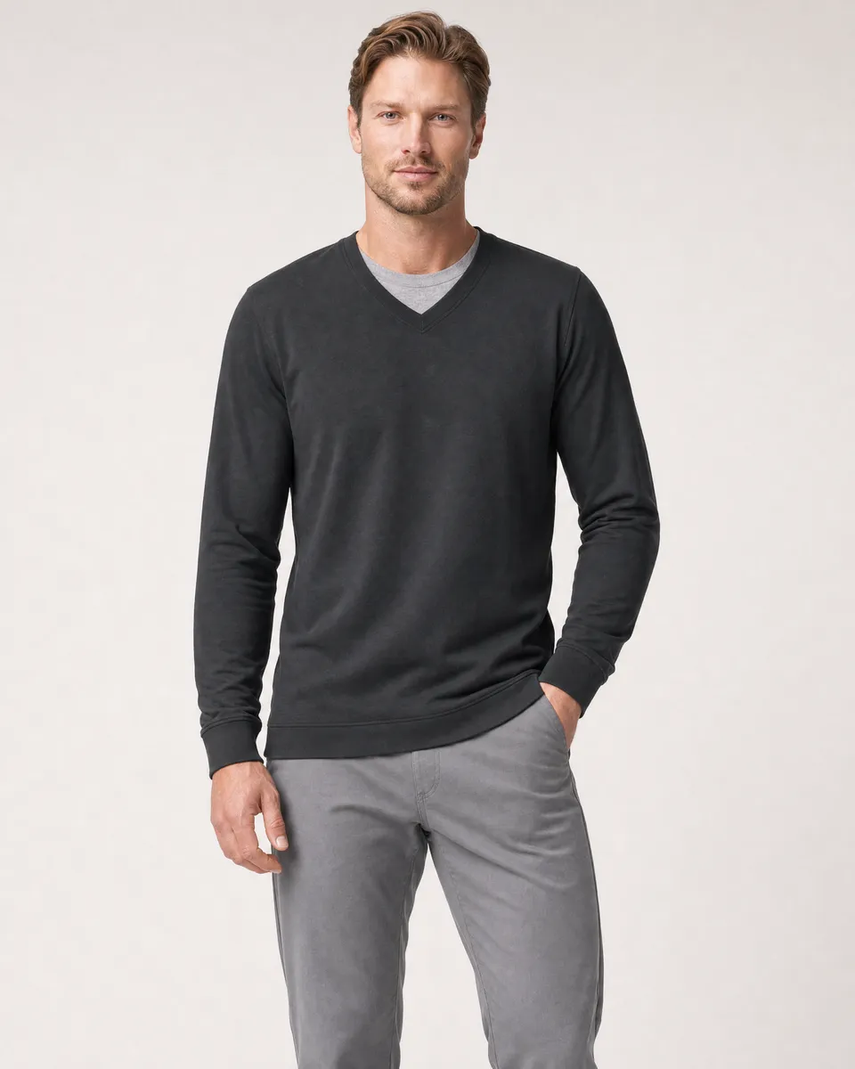 StringKing Men's Pima Terry V-Neck Sweater - Sharp Fit, Black, Full Front - Human Model - Top of head to Knees