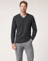 StringKing Men's Pima Terry V-Neck Sweater - Sharp Fit, Black, Full Front - Human Model - Top of head to Knees