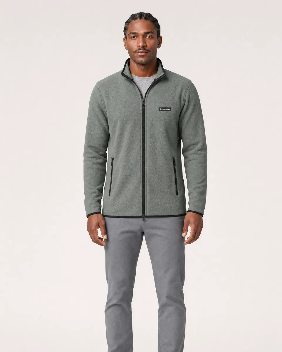 StringKing Men's Polartec Fleece Full Zip with Pockets - Sharp Fit, Avenue Green, Full Front - Human Model - Top of head to Knees