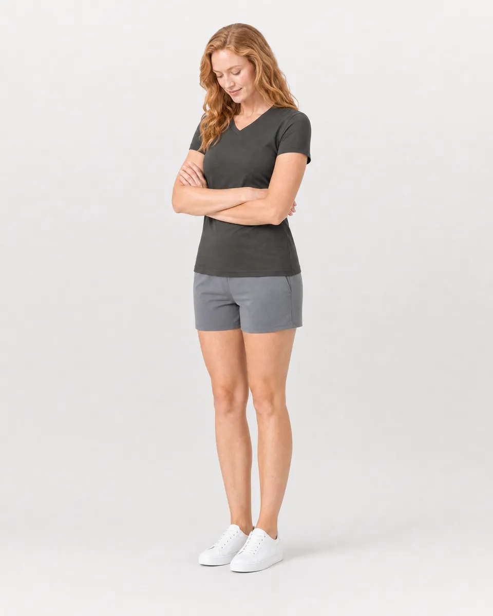 StringKing Women's Pima Jersey V-Neck Tee - Sharp Fit, Peat, Full Front Angle - Human Model