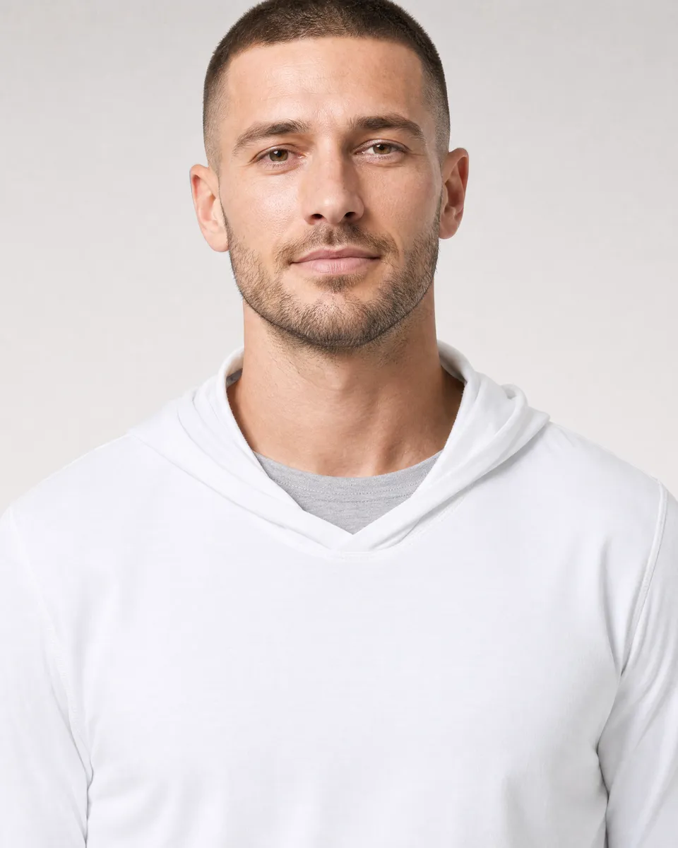 StringKing Men's Pima Jersey Hoodie - Sharp Fit, White, Collar Shoulder - Human Model