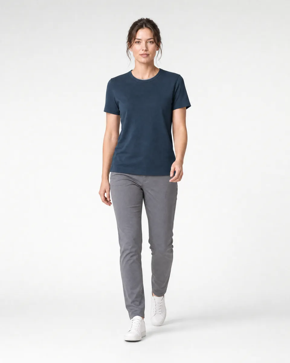 StringKing Women's Pima Terry Tee - Relaxed Fit, Navy, Full Front Angle - Human Model