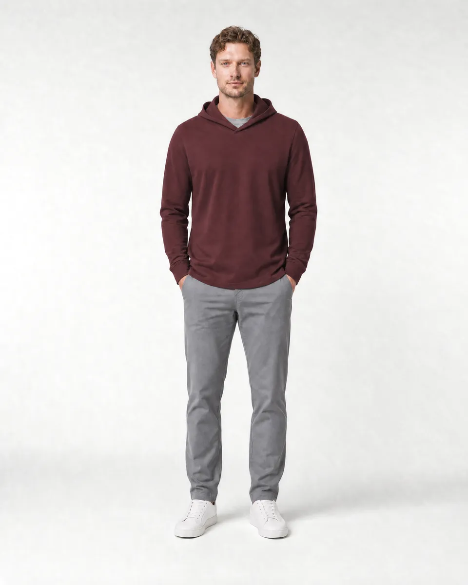 StringKing Men's Pima Jersey Hoodie - Sharp Fit, New Maroon, Full Front - Human Model