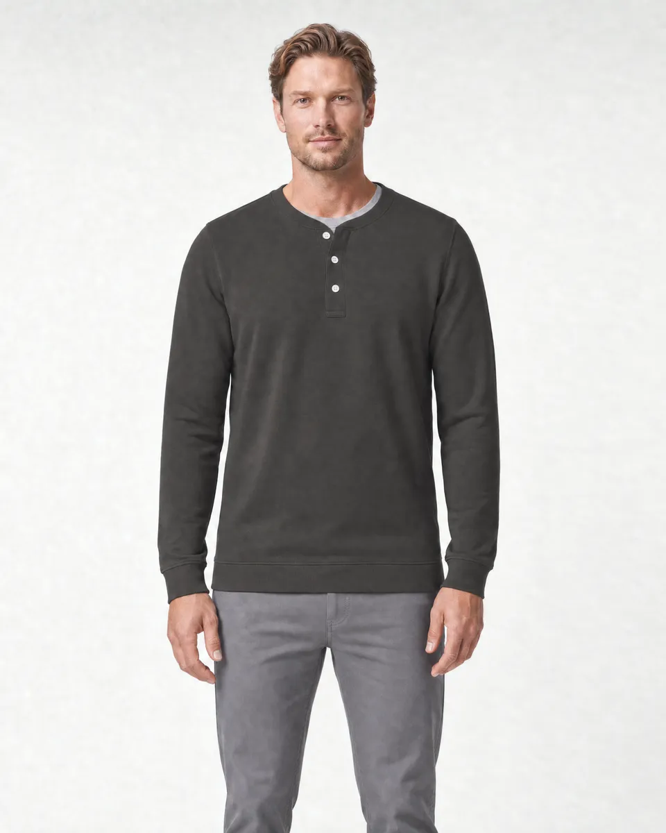 StringKing Men's Pima Terry Henley - Sharp Fit, Peat, Full Front - Human Model - Top of head to Knees