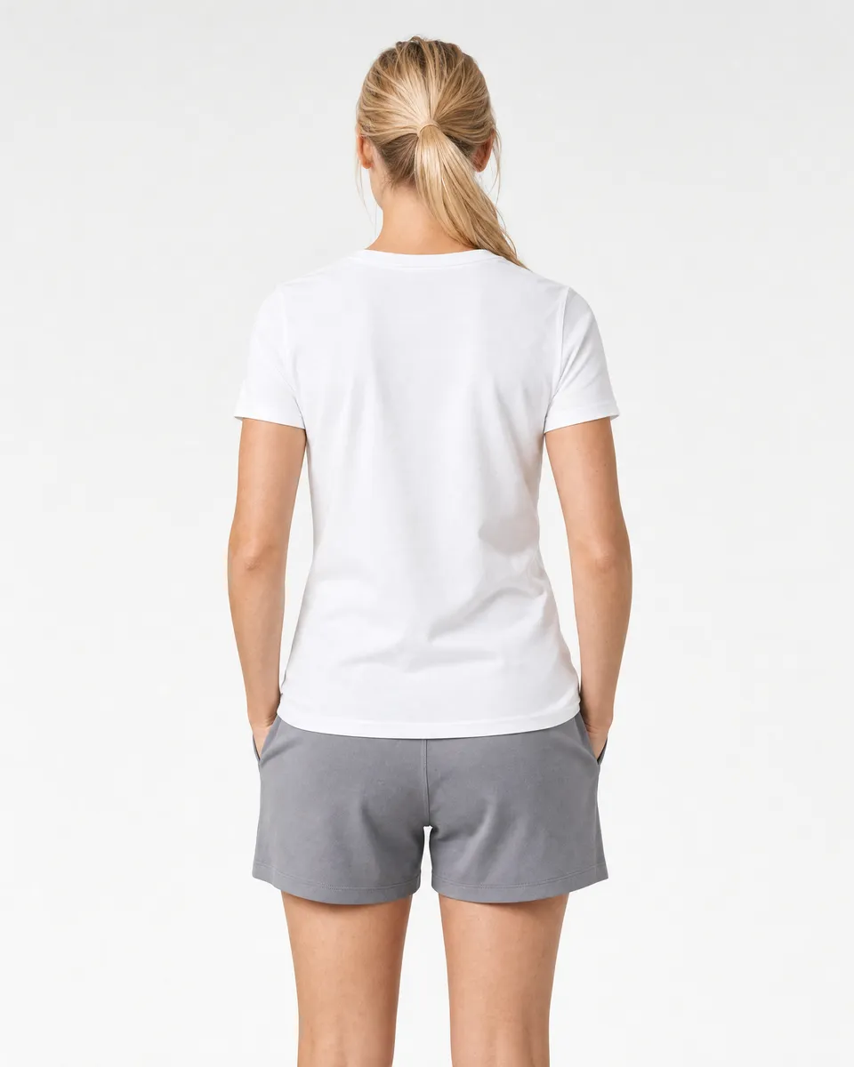 StringKing Women's Pima Terry V-Neck Tee - Sharp Fit, White, Full Back - Human Model - Top of head to Mid-thigh