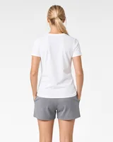 StringKing Women's Pima Terry V-Neck Tee - Sharp Fit, White, Full Back - Human Model - Top of head to Mid-thigh