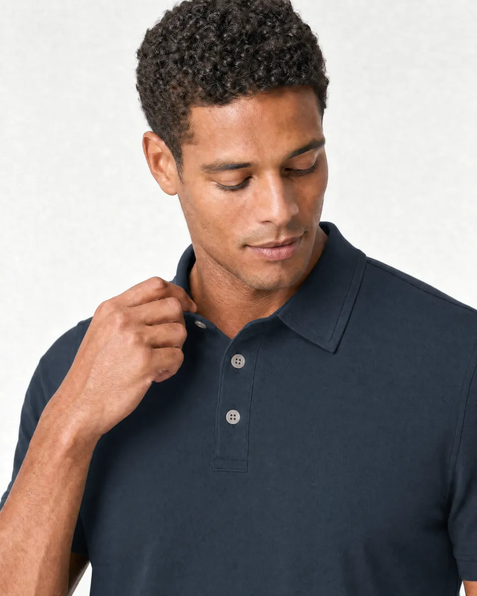 StringKing Men's Pima Terry Polo - Relaxed Fit, Navy, Collar Shoulder - Human Model