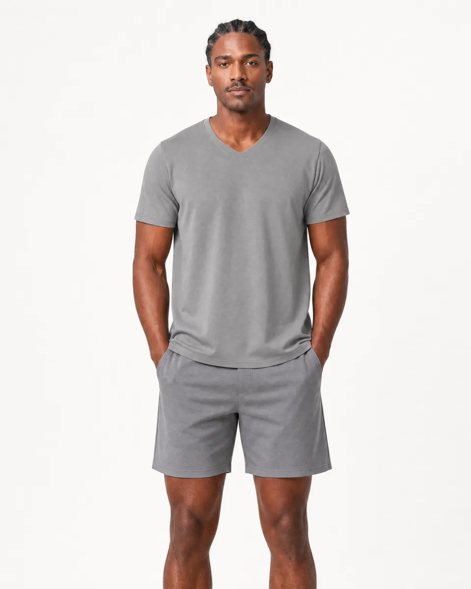 StringKing Men's Pima Terry V-Neck Tee - Relaxed Fit, Frost Gray, Full Front - Human Model - Top of head to Knees