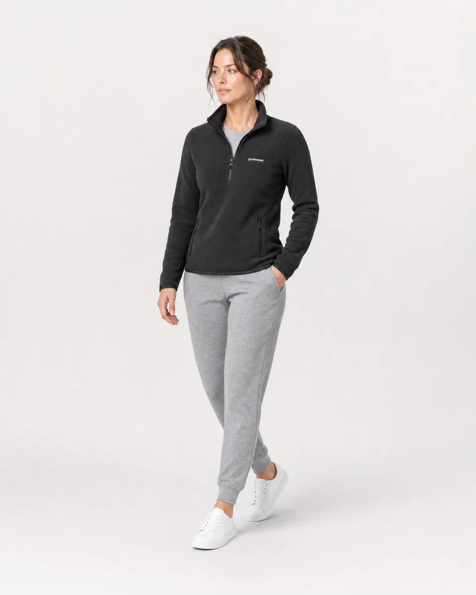 StringKing Women's Polartec Fleece Quarter Zip with Pockets - Sharp Fit, Meteorite, Full Front Angle - Human Model