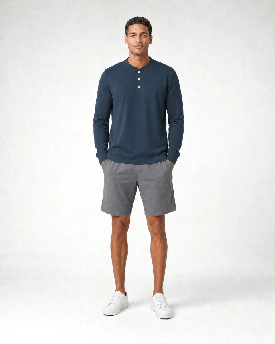 StringKing Men's Pima Jersey Henley - Sharp Fit, Navy, Full Front - Human Model