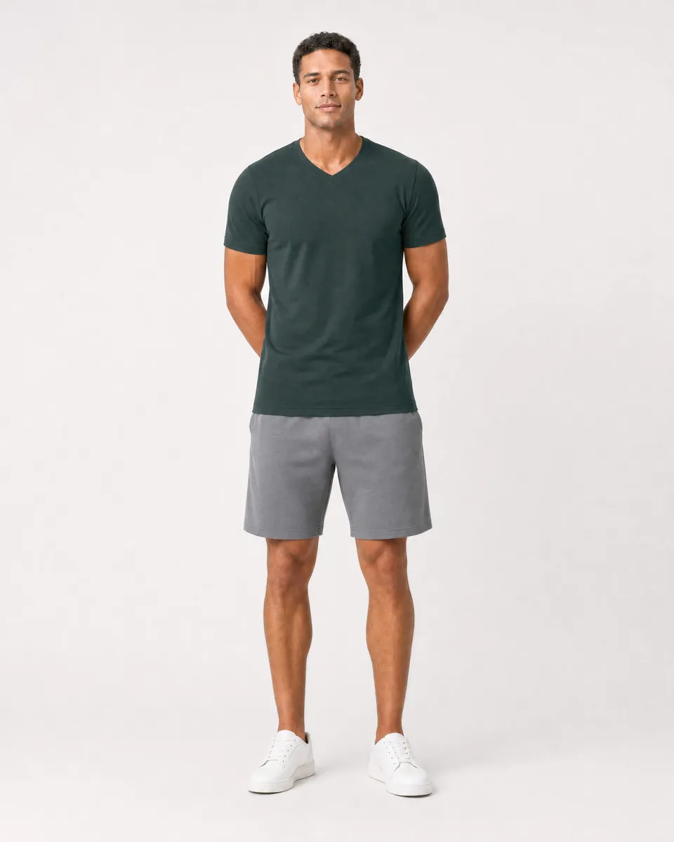 StringKing Men's Pima Terry V-Neck Tee - Sharp Fit, Pine Grove, Full Front - Human Model - Top of head to Knees
