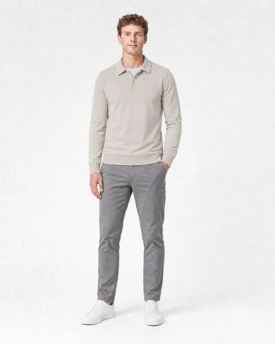 StringKing Men's Pima Terry Long Sleeve Polo - Sharp Fit, Moonstruck, Full Front - Human Model - Top of head to Knees