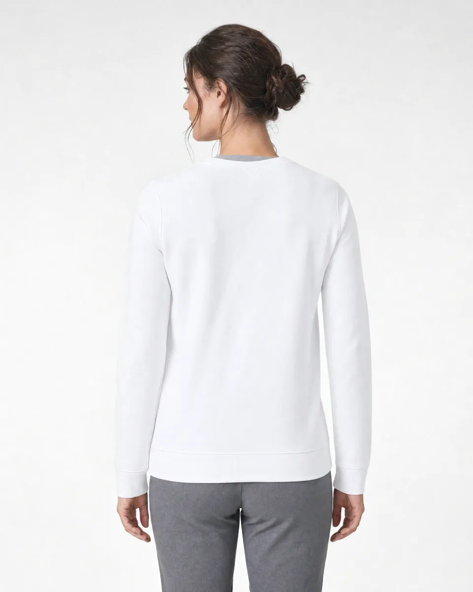 StringKing Women's Pima Terry V-Neck Sweater - Sharp Fit, White, Full Back - Human Model - Top of head to Mid-thigh