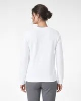 StringKing Women's Pima Terry V-Neck Sweater - Sharp Fit, White, Full Back - Human Model - Top of head to Mid-thigh