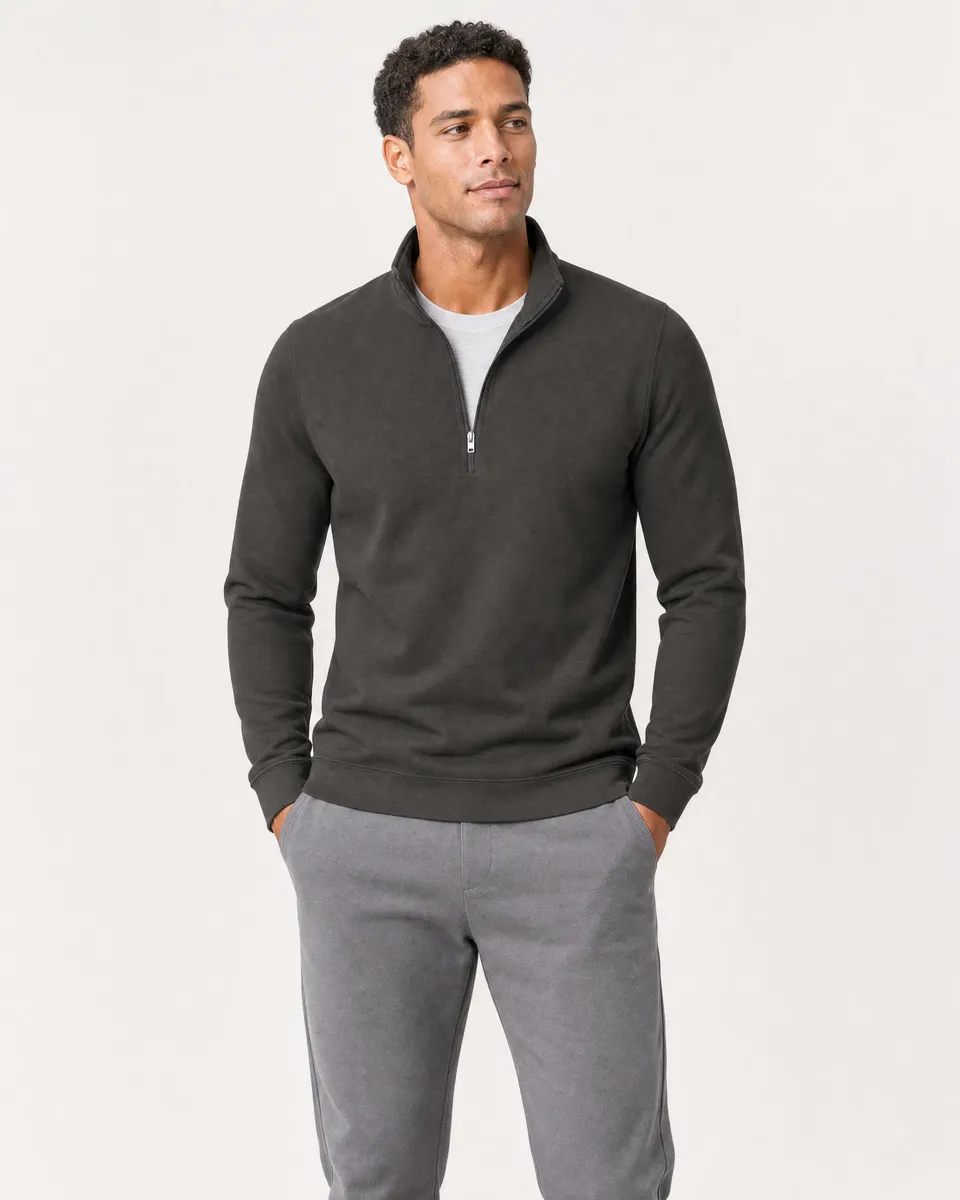 StringKing Men's Pima Terry Quarter Zip - Sharp Fit, Peat, Full Front - Human Model - Top of head to Knees