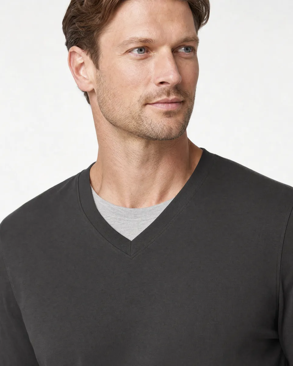 StringKing Men's Pima Jersey Long Sleeve V-Neck Tee - Sharp Fit, Peat, Collar Shoulder - Human Model