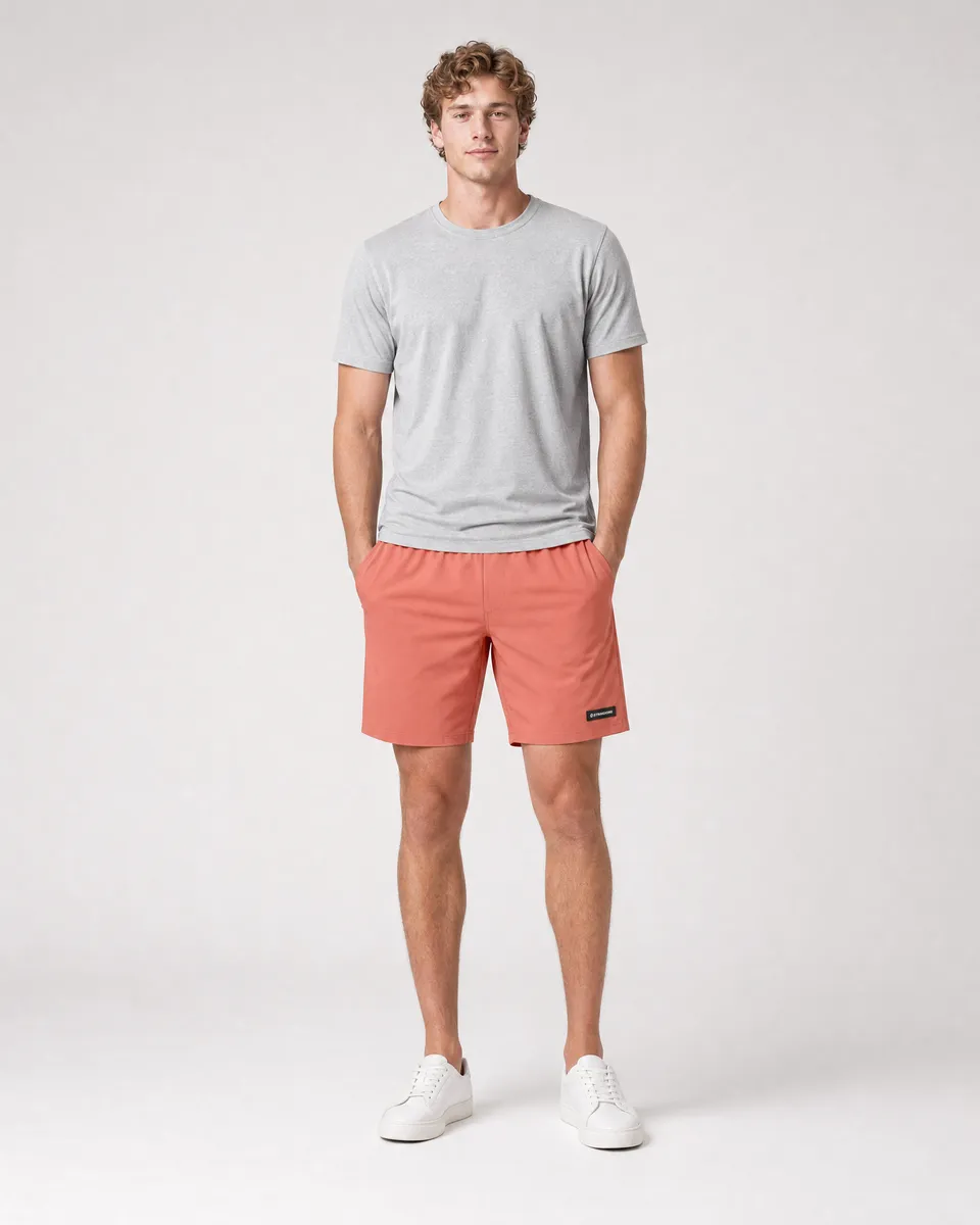 StringKing Men's Nylon Flex Shorts - Sharp Fit, Crabapple, Full Front - Human Model