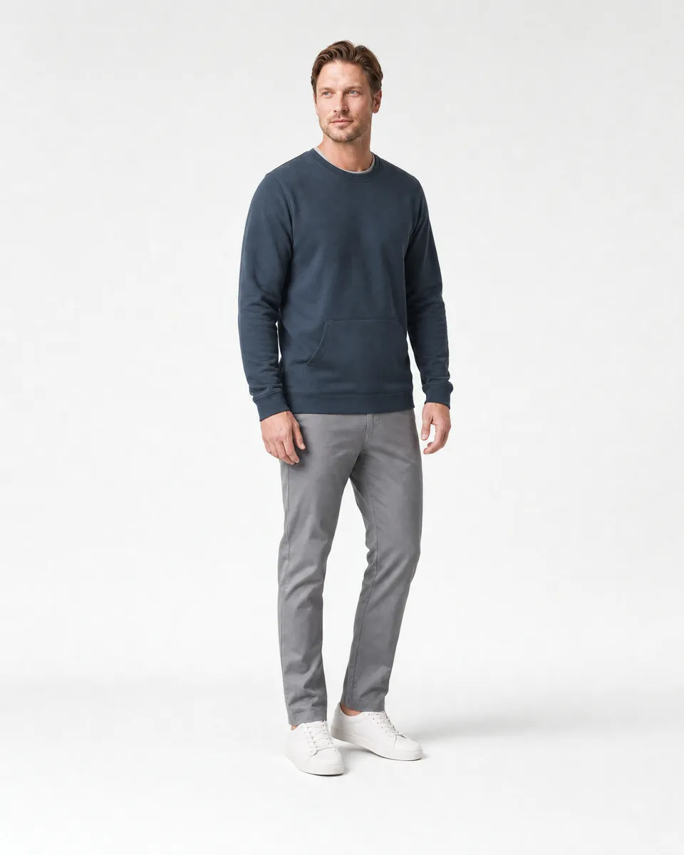 StringKing Men's Pima Terry Crew Sweatshirt - Relaxed Fit, Navy, Full Front Angle - Human Model
