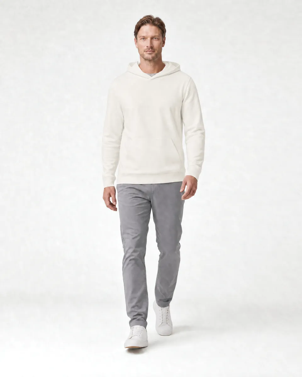 StringKing Men's Pima Terry Hoodie - Relaxed Fit, Tofu, Full Front Angle - Human Model