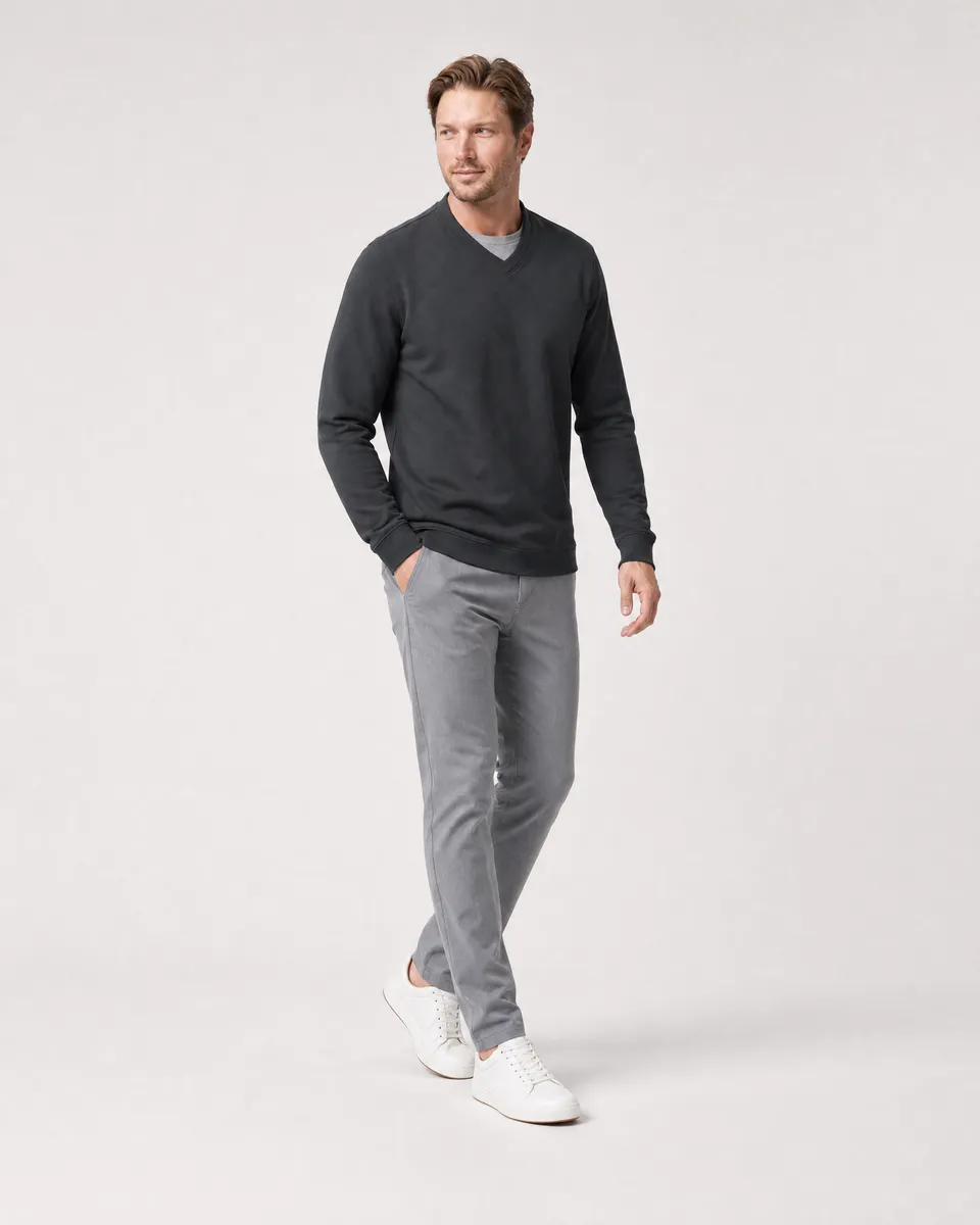 StringKing Men's Pima Terry V-Neck Sweater - Sharp Fit, Black, Full Front Angle - Human Model
