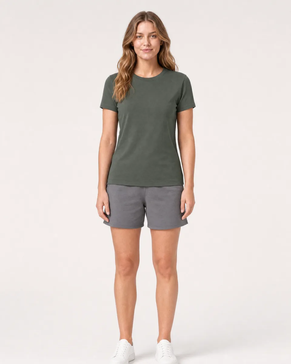 StringKing Women's Pima Terry Tee - Sharp Fit, Moss, Full Front - Human Model - Top of head to Knees
