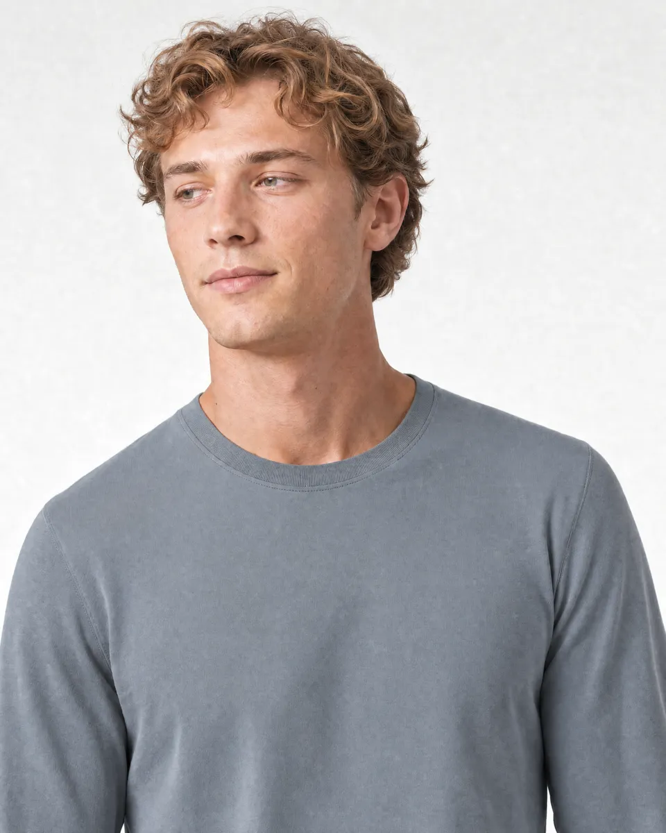 StringKing Men's Pima Terry Long Sleeve Tee - Sharp Fit, Tradewinds, Collar Shoulder - Human Model