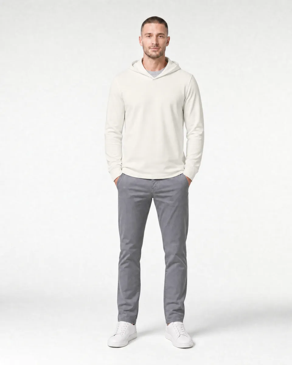 StringKing Men's Pima Jersey Hoodie - Sharp Fit, Tofu, Full Front - Human Model