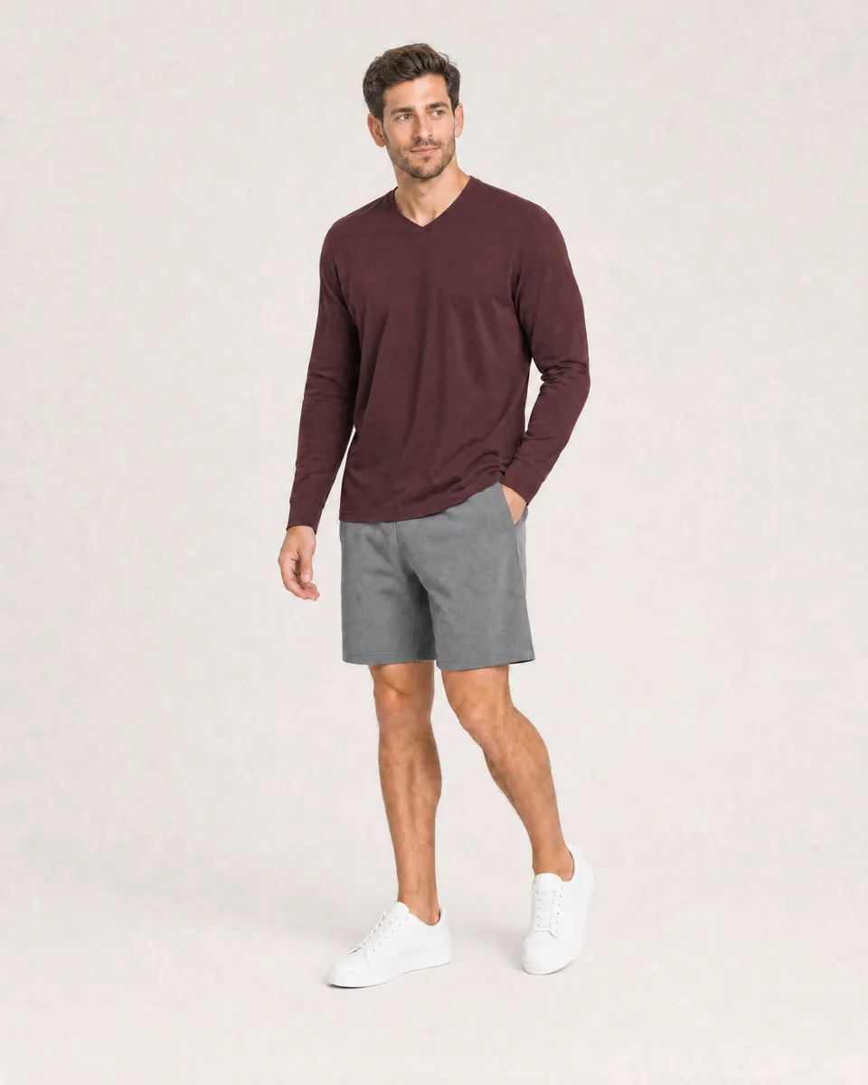 StringKing Men's Pima Jersey Long Sleeve V-Neck Tee - Sharp Fit, New Maroon, Full Front Angle - Human Model