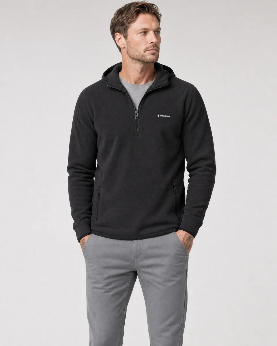 StringKing Men's Polartec Fleece Quarter Zip Hoodie with Pockets - Sharp Fit, Meteorite, Full Front - Human Model - Top of head to Knees