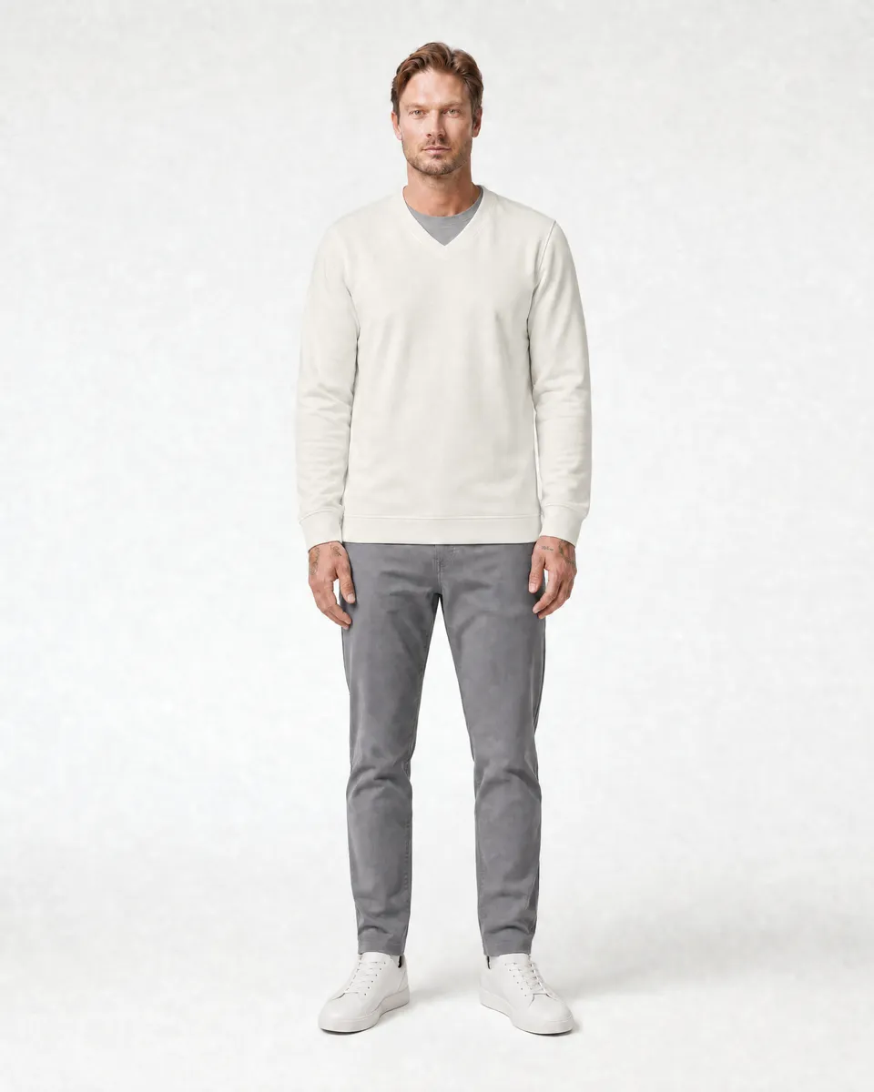 StringKing Men's Pima Terry V-Neck Sweater - Relaxed Fit, Tofu, Full Front - Human Model