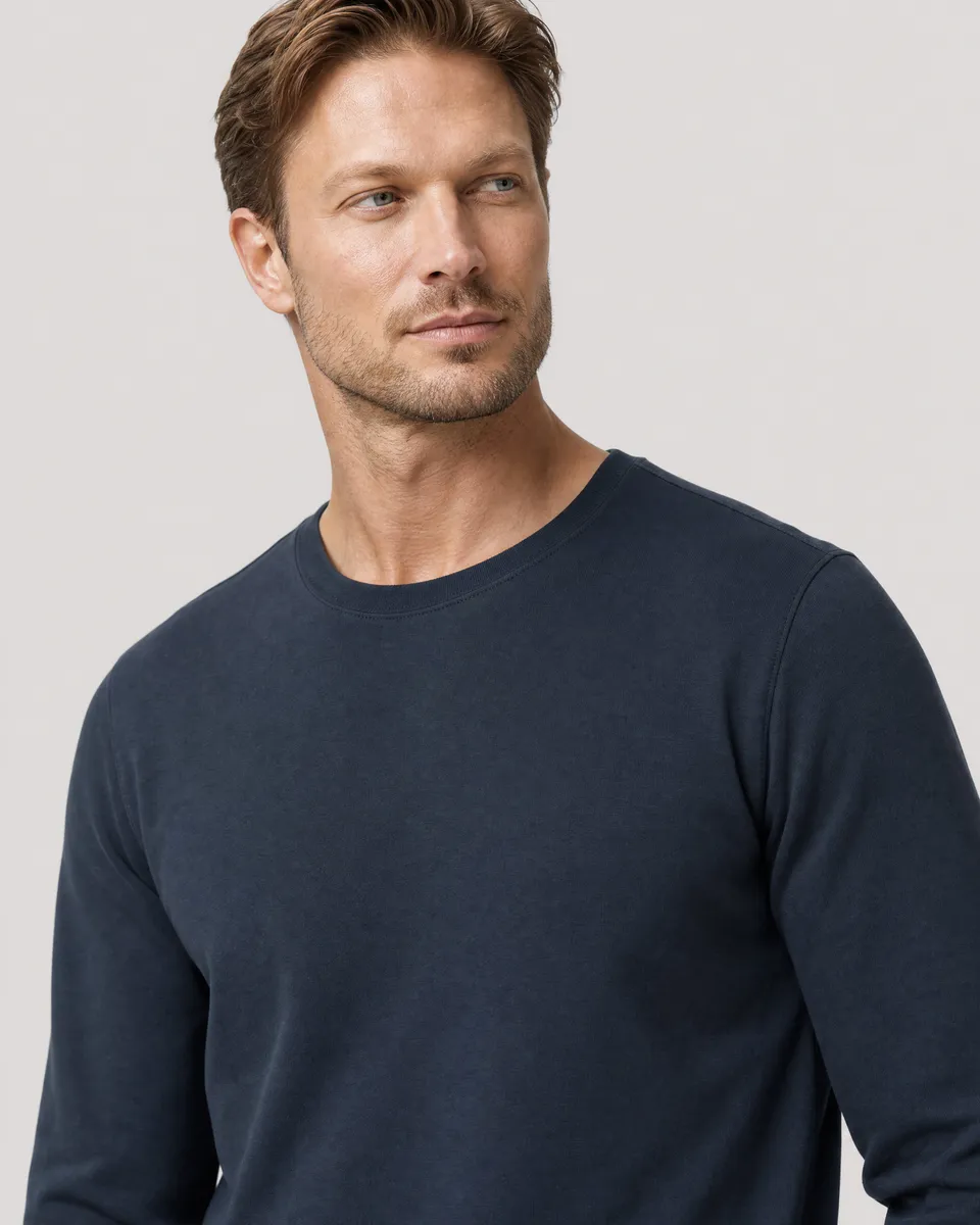 StringKing Men's Pima Terry Long Sleeve Tee - Sharp Fit, Navy, Collar Shoulder - Human Model