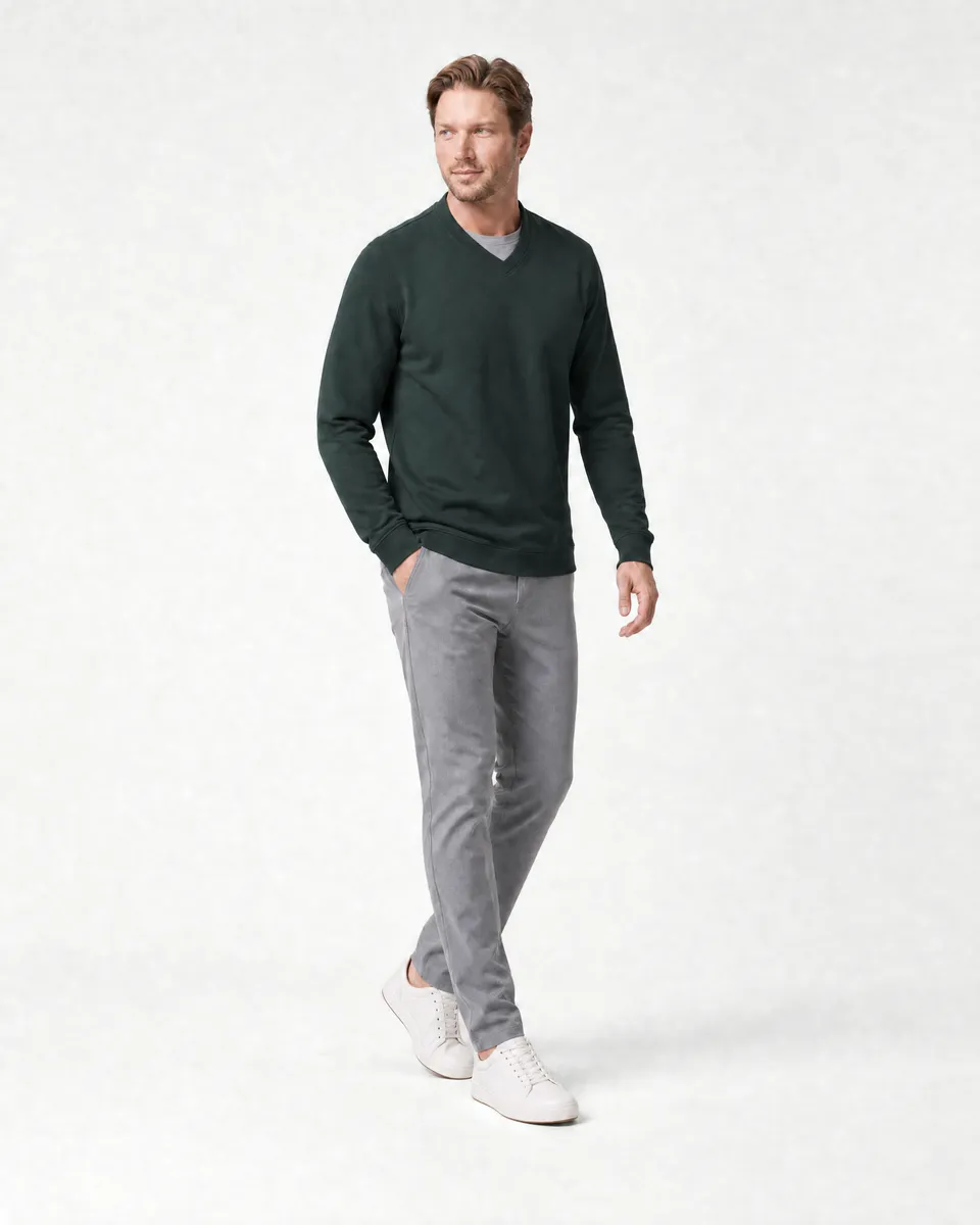 StringKing Men's Pima Terry V-Neck Sweater - Sharp Fit, Pine Grove, Full Front Angle - Human Model