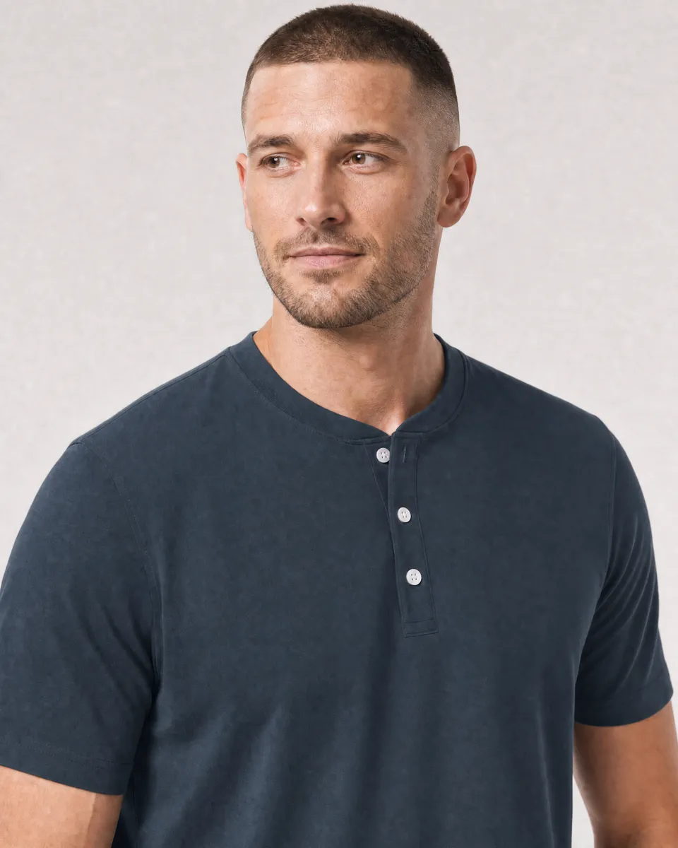 StringKing Men's Pima Jersey Short Sleeve Henley - Sharp Fit, Navy, Collar Shoulder - Human Model