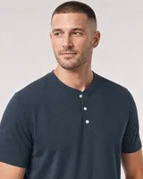 StringKing Men's Pima Jersey Short Sleeve Henley - Sharp Fit, Navy, Collar Shoulder - Human Model