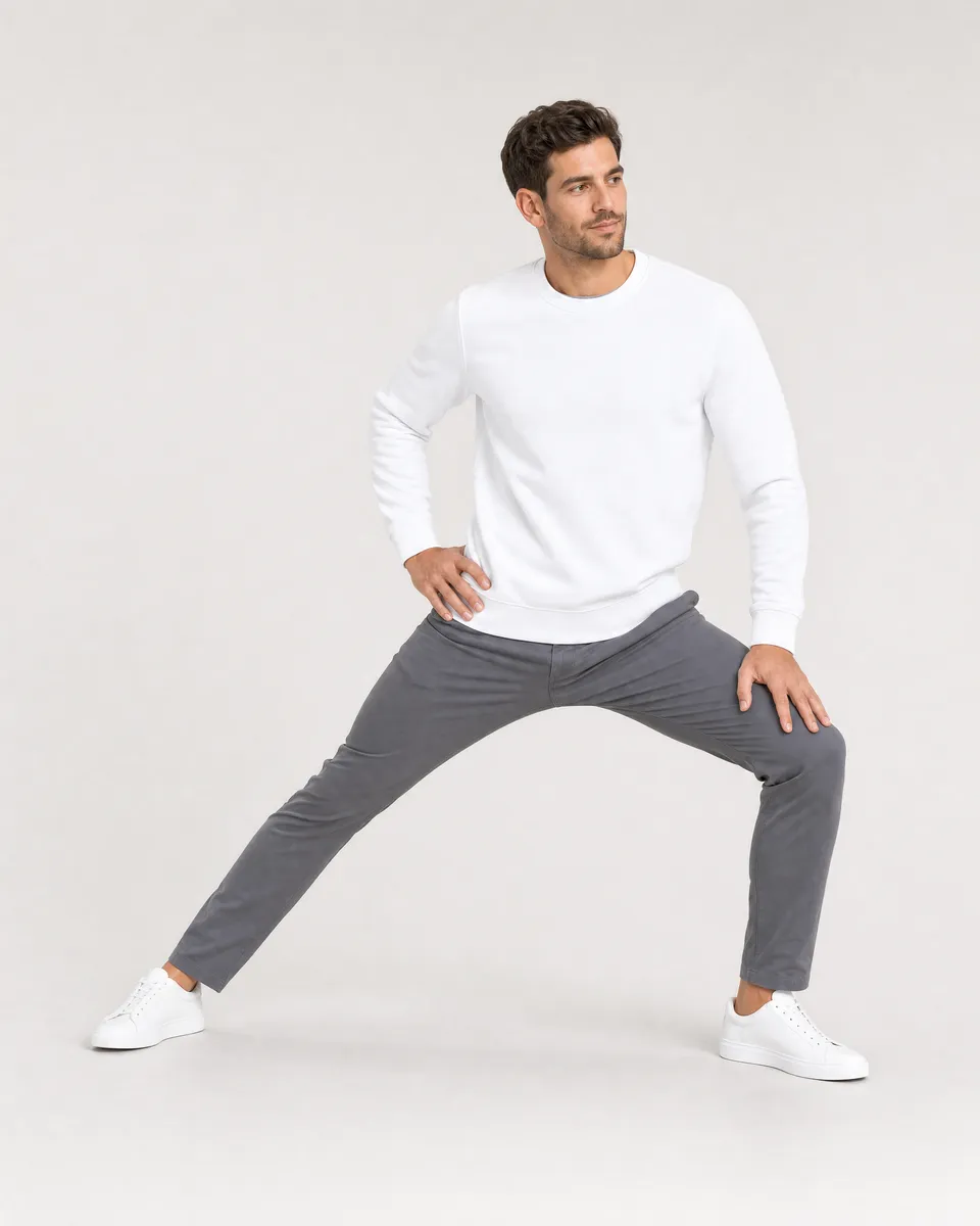 StringKing Men's Pima Terry Crew Sweater - Sharp Fit, White, Full Front Angle - Human Model