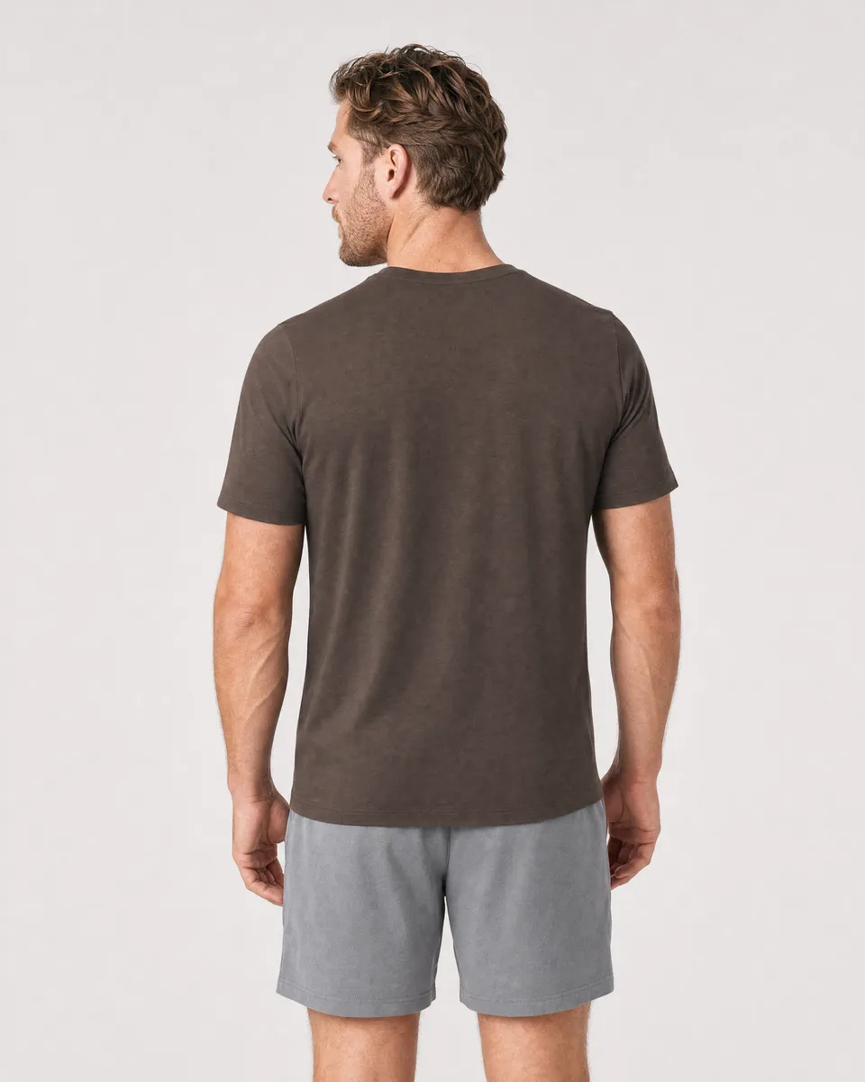 StringKing Men's Pima Jersey Pocket Tee - Sharp Fit, Wren, Full Back - Human Model - Top of head to Mid-thigh