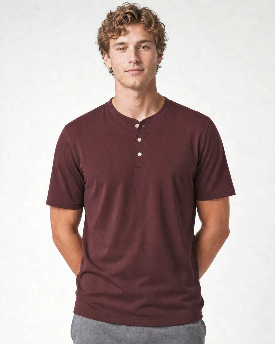 StringKing Men's Pima Jersey Short Sleeve Henley - Sharp Fit, New Maroon, Collar Shoulder - Human Model