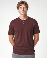 StringKing Men's Pima Jersey Short Sleeve Henley - Sharp Fit, New Maroon, Collar Shoulder - Human Model