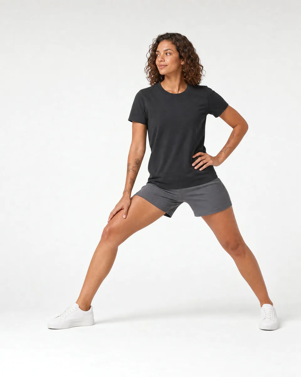 StringKing Women's Pima Terry Tee - Sharp Fit, Black, Full Front Angle - Human Model