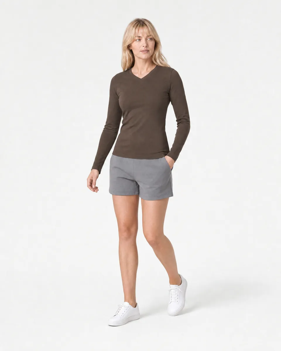 StringKing Women's Pima Jersey Long Sleeve V-Neck Tee - Sharp Fit, Wren, Collar Shoulder - Human Model