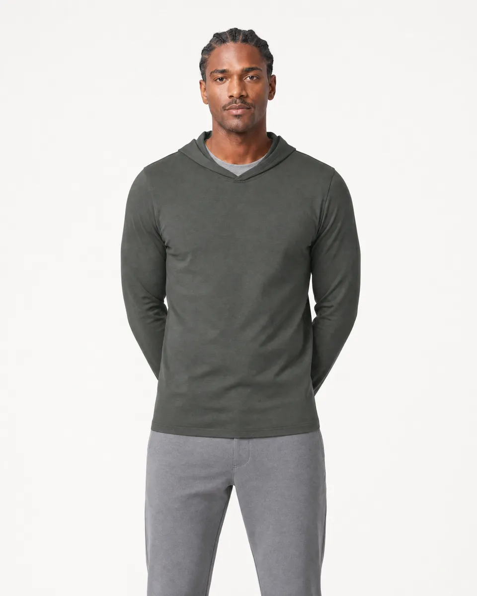 StringKing Men's Pima Jersey Hoodie - Sharp Fit, Moss, Full Front - Human Model - Top of head to Knees