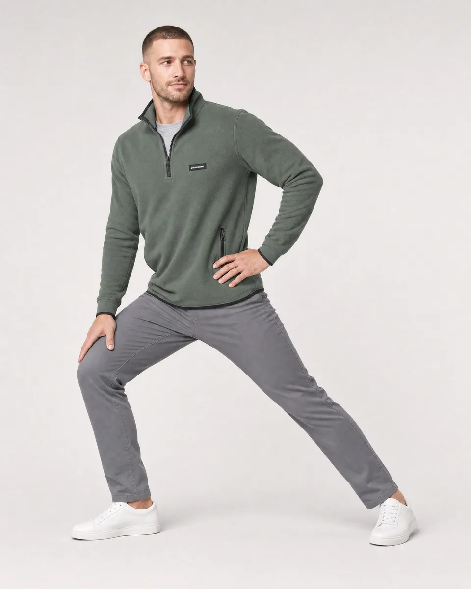 StringKing Men's Polartec Fleece Quarter Zip with Pockets - Sharp Fit, Avenue Green, Full Front Angle - Human Model