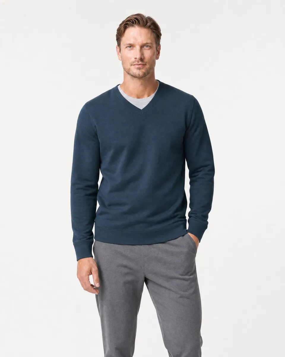 StringKing Men's Pima Terry V-Neck Sweater - Sharp Fit, Navy, Full Front - Human Model - Top of head to Knees