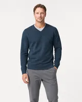 StringKing Men's Pima Terry V-Neck Sweater - Sharp Fit, Navy, Full Front - Human Model - Top of head to Knees