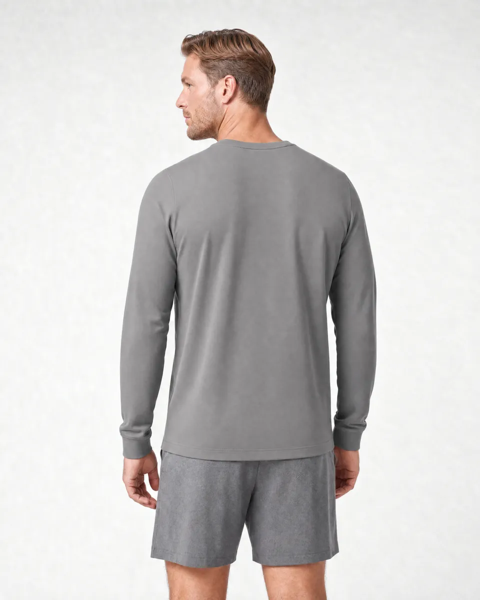 StringKing Men's Pima Terry Long Sleeve V-Neck Tee - Sharp Fit, Frost Gray, Full Back - Human Model - Top of head to Mid-thigh